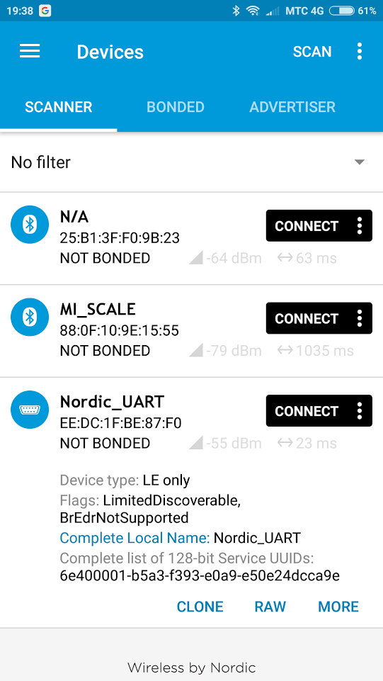 Программа nRF Connect обнаружила устройство Программа nRF Connect обнаружила устройство